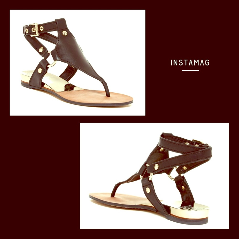 Vince Camuto Black Gladiator Thong Sandals with Gold Accents